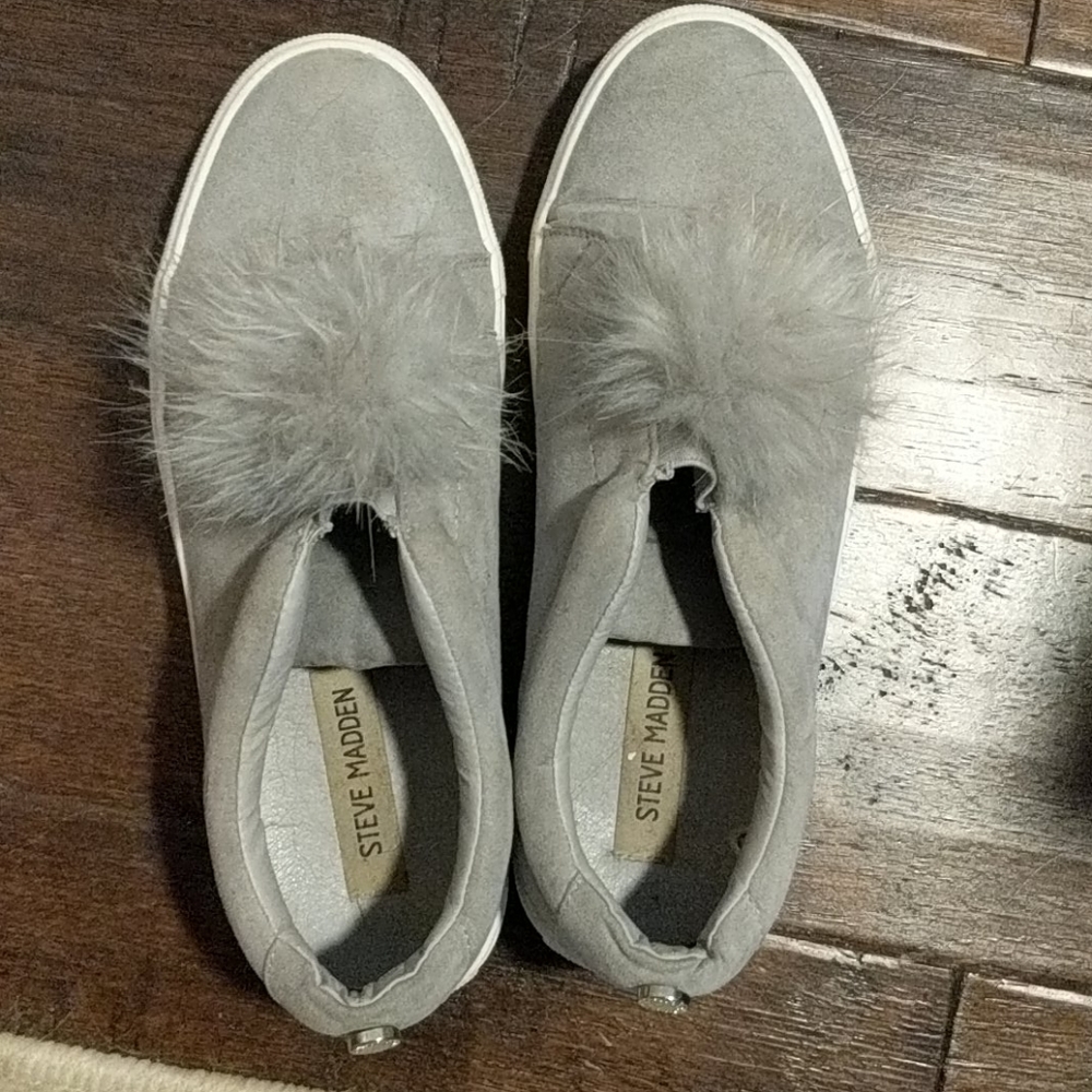 Steve Madden grey slip-ons with pompom